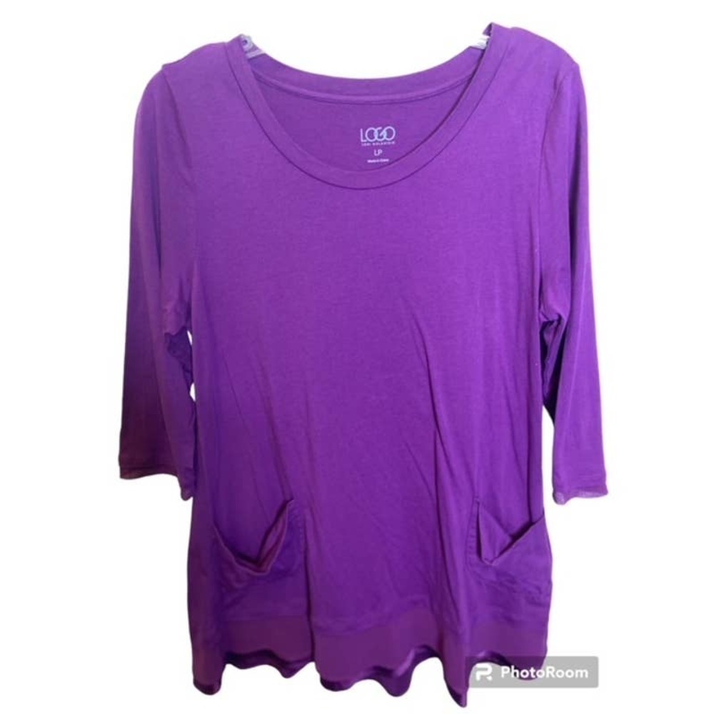 Logo Lori Goldstein Purple Tunic Top Pockets Crewneck 3\4 Sleeves Large Petite - Picture 2 of 5
